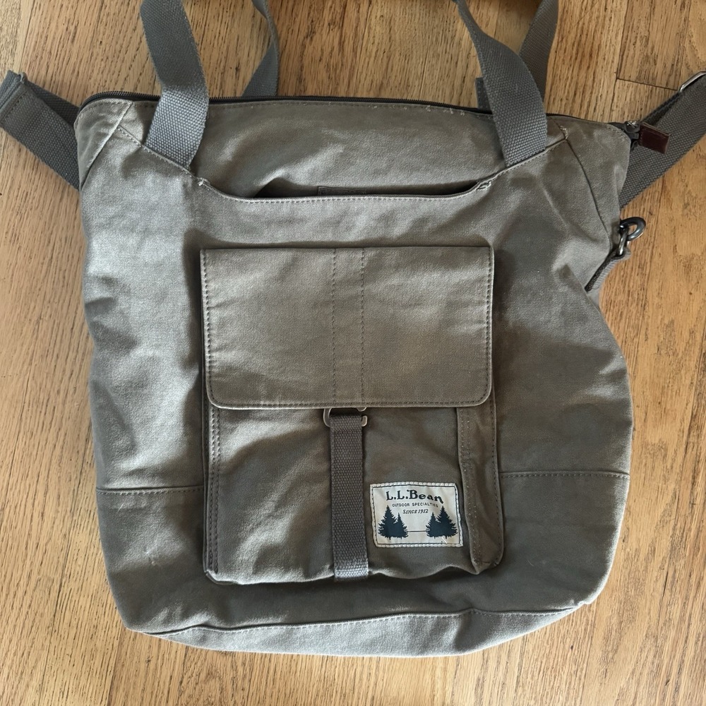 Vtg LL BEAN Tote Messenger Bag Army Green W/ Plaid Lining Crossbody Strap